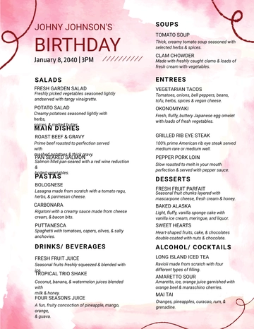 Free Water Color Birthday Menu Template to Edit Online