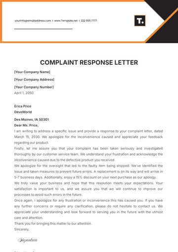 Free Complaint Response Letter Template to Edit Online