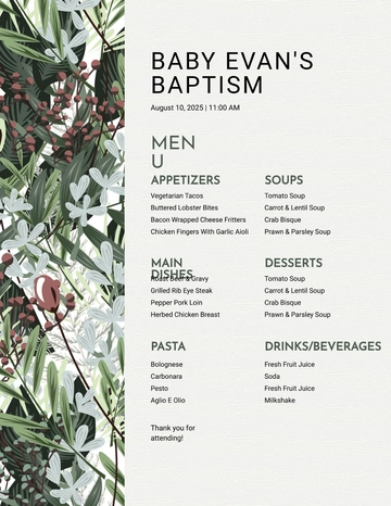 Free Printable Baptism Menu Template to Edit Online