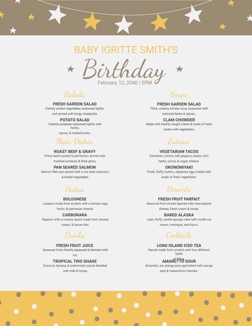 Free Toddler Birthday Menu Template to Edit Online