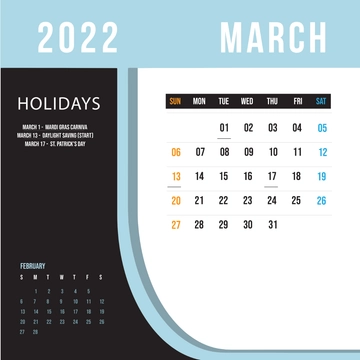 Free March Calendar Clipart with Holidays Template to Edit Online