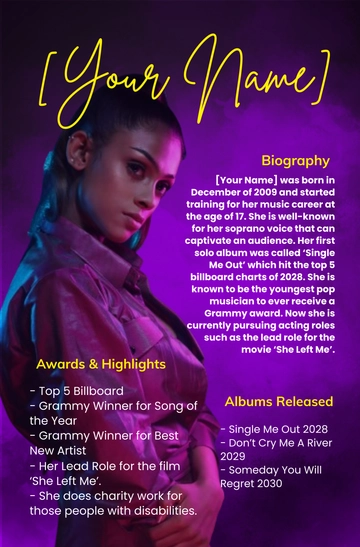 Free Artist One Sheet Template to Edit Online