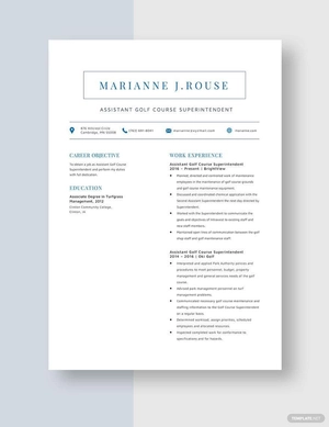 Assistant Golf Course Superintendent Resume