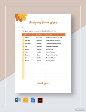 Thanksgiving Potluck Signup Sheet Template