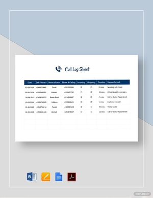 Call Log Sheet Template