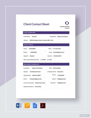 Client Contact Sheet Template Client Contact Sheet Template