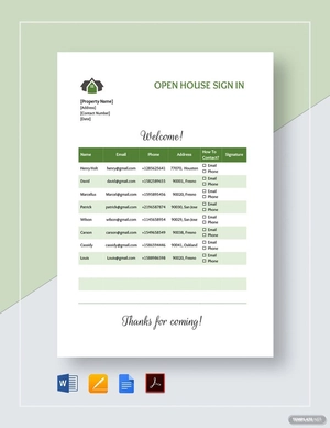 Open House Sign up Sheet Template