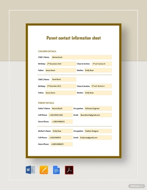 Parent Contact Information Sheet Template