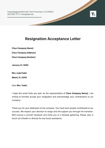 Free Resignation Acceptance Letter Template to Edit Online