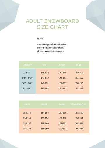 Free Adult Snowboard Size Chart Template to Edit Online