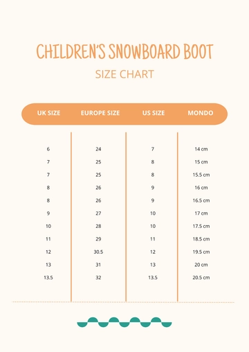 Free Children's Snowboard Boot Size Chart Template to Edit Online