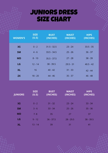 Free Juniors Dress Size Chart Template to Edit Online