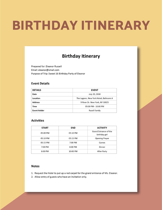 Birthday Itinerary Template Birthday Itinerary Template