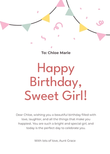 Free Simple Birthday Card For Girl Template to Edit Online