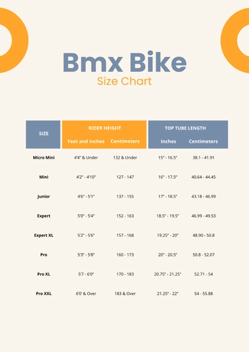 Free BMX Bike Size Chart Template to Edit Online