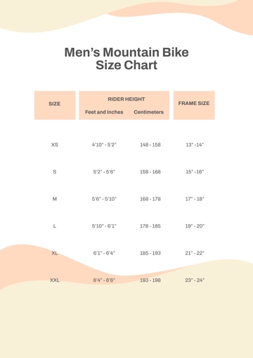 Free Men's Mountain Bike Size Chart Template to Edit Online