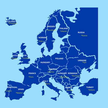 Free Europe Map Capitals Clipart Template to Edit Online