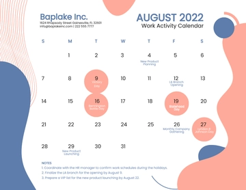 Free August 2022 Calendar With Holidays Template to Edit Online