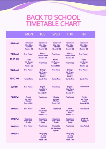 Free Back To School Timetable Chart Template to Edit Online