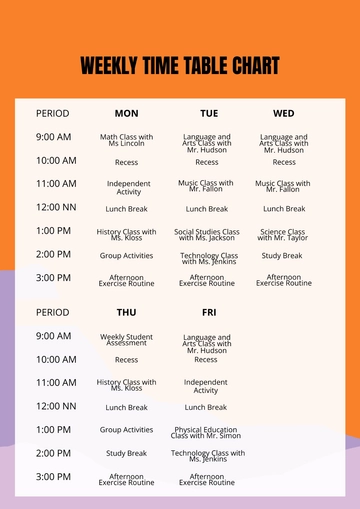 Free Weekly Time Table Chart Template to Edit Online