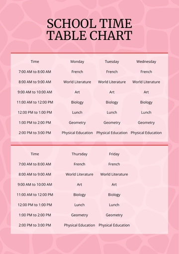 Free School Time Table Chart Template to Edit Online