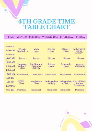 Free 4th Grade Time Table Chart Template to Edit Online