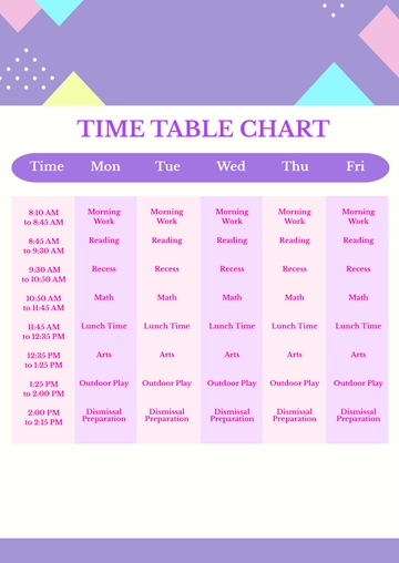 Free Kindergarten Time Table Chart Template to Edit Online