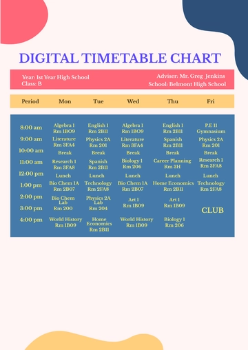 Free Digital Timetable Chart Template to Edit Online