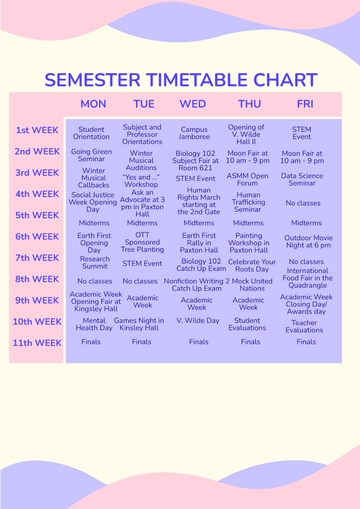 Free Semester Timetable Chart Template to Edit Online