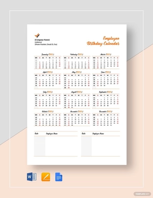 Employee Birthday Calendar Template