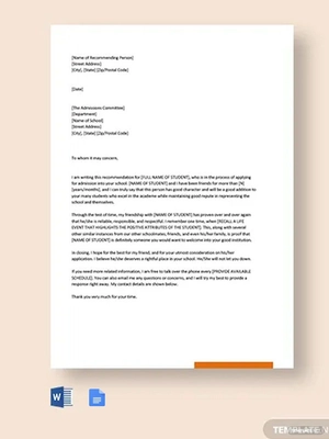 Personal Reference Letter For Student