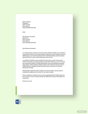 Reference Letter For Student Admission