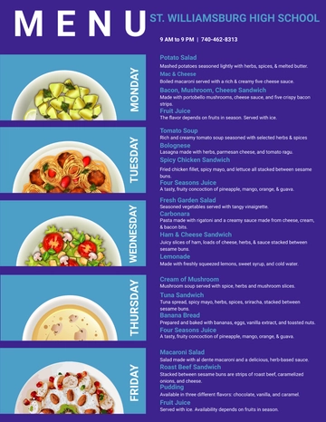 Free 5 day School Menu Template to Edit Online