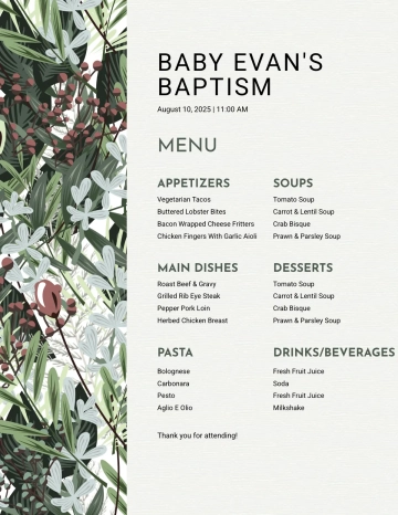 Free Printable Baptism Menu Template to Edit Online