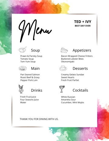 Free Watercolor Wedding Menu Template to Edit Online