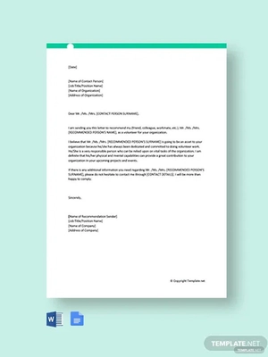 Volunteer Service Recommendation Letter