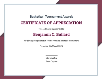 Free Certificate Of Appreciation For Basketball Tournament Template to Edit Online