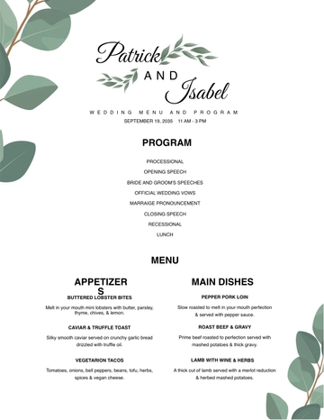 Free Program & Menu Wedding Menu Template to Edit Online