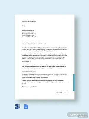 Cover Letter For Teacher Job Application Template