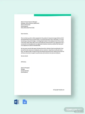Restaurant Manager Resignation Letter