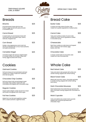 Free Bread Bakery Menu Template to Edit Online