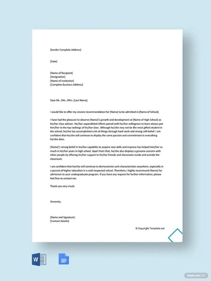 Reference Letter for School Admission