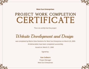 Free Project Work Completion Certificate Template to Edit Online