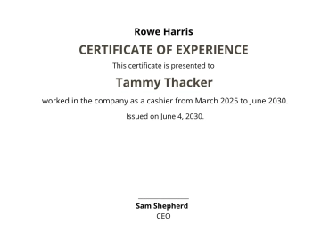 Free Job Experience Letter For Cashier Template to Edit Online