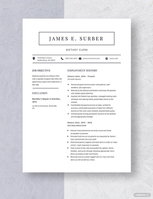 Dietary Clerk Resume