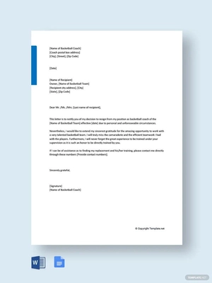 Basketball Coach Resignation Letter Template