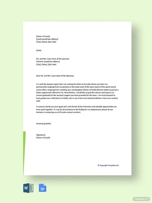 Coach Resignation Letter to Parents Template