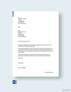 Short Recommendation Letter for Colleague Template