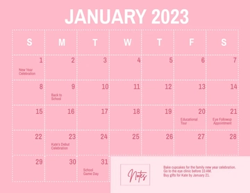 Free Pink January 2023 Calendar Template to Edit Online
