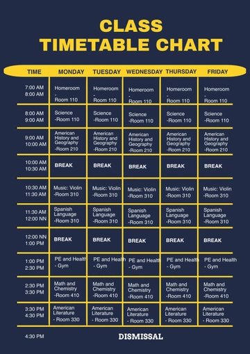 Free Class Timetable Chart Template to Edit Online
